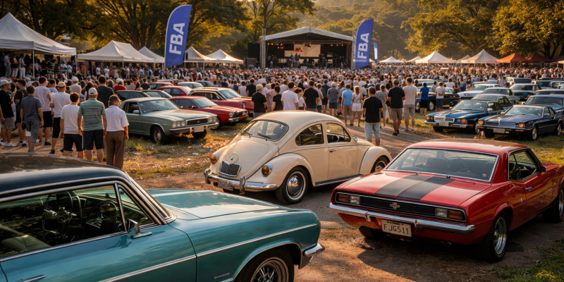 Encontro de carros clássicos ao entardecer