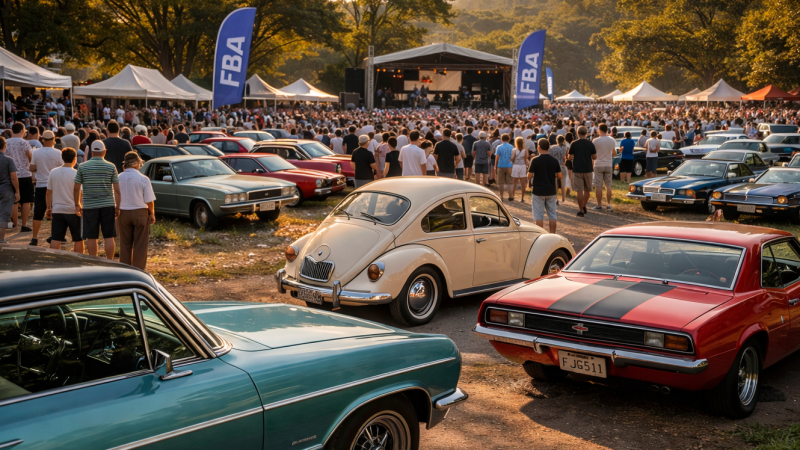 Encontro de carros clássicos ao entardecer