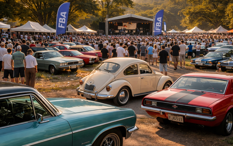 Encontro de carros clássicos ao entardecer